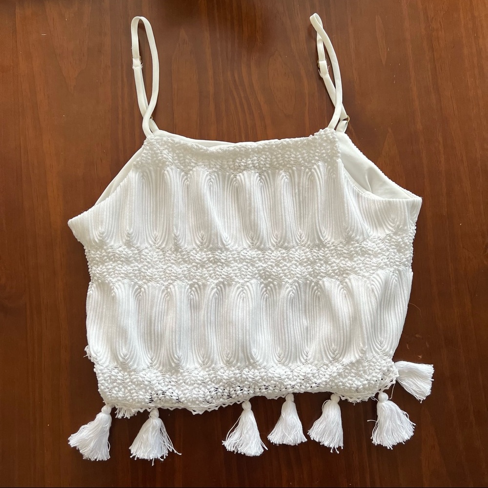 Show Me Your Mumu Nellie Tassel White Crop Top Medium